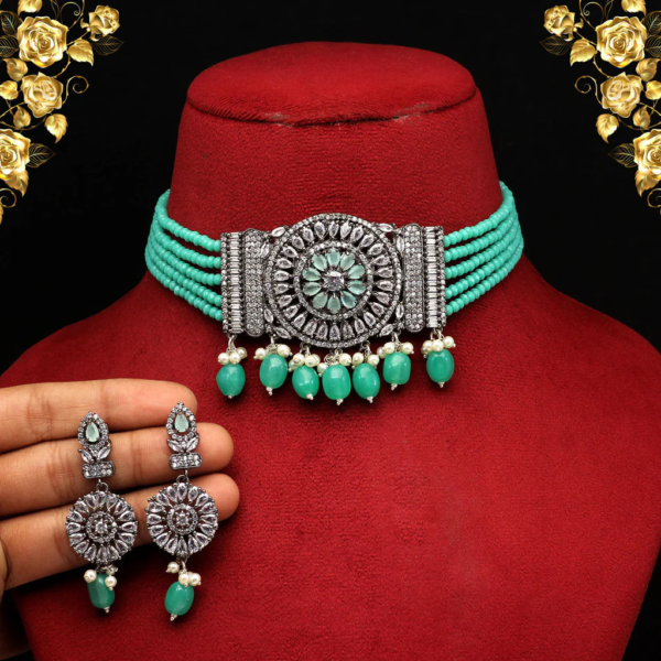 Rama Green Color Black Silver Brass American Diamond Choker Necklace Set