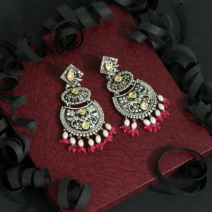 Rani Color Stone Oxidised Dual Tone Earrings