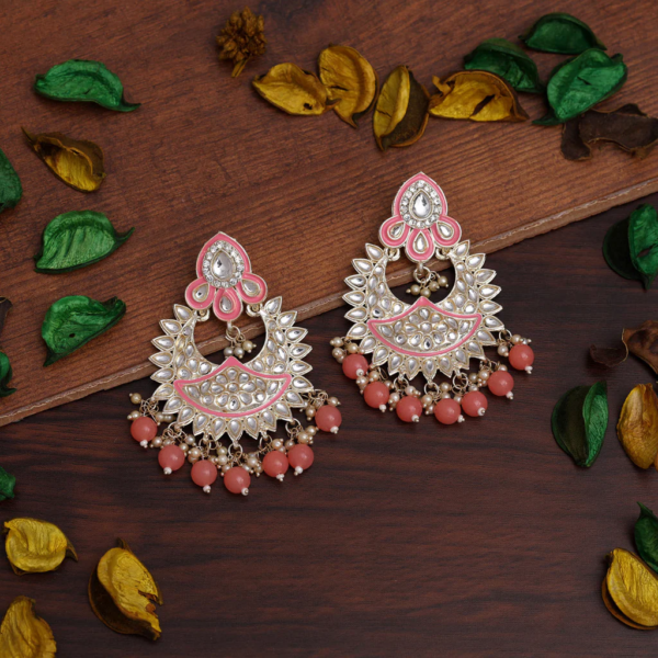 Dark Peach Color Kundan Meena Earrings