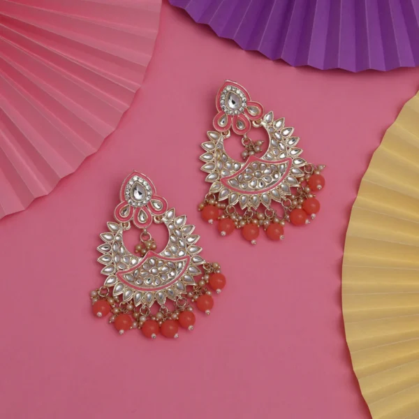 Dark Peach Color Kundan Meena Earrings