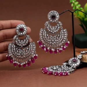 Purple Color Kundan Earrings With Maang Tikka