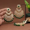 Green Color Kundan Earrings With Maang Tikka