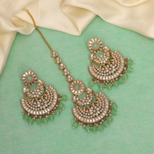 Pista Green Color Kundan Earrings With Maang Tikka