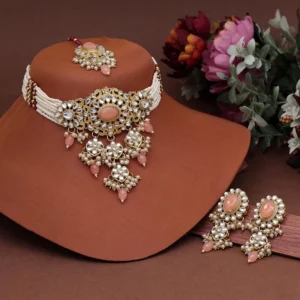 Peach Color Choker Kundan Necklace Set