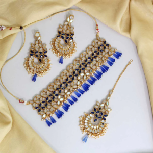 Blue Color Kundan Mirror Choker Necklace Set