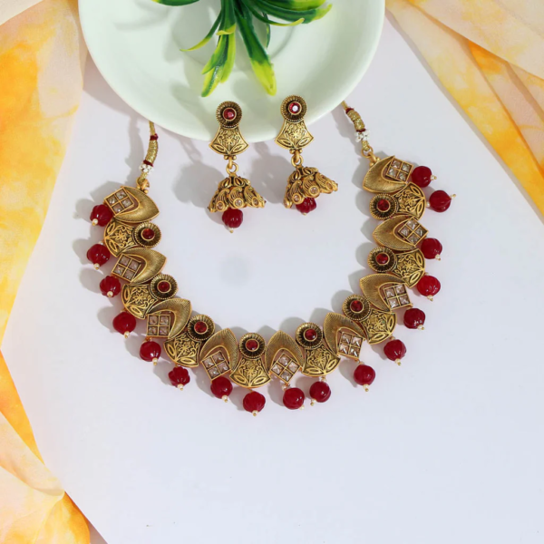 Maroon Color Matte Gold Temple Necklace Set