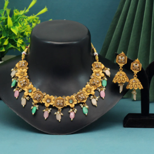 Multi Color Matte Gold Temple Necklace Set