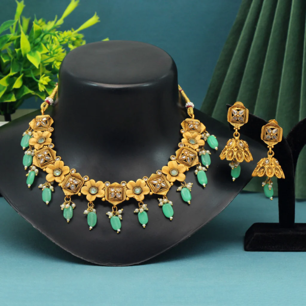 Pista Green Color Matte Gold Temple Necklace Set